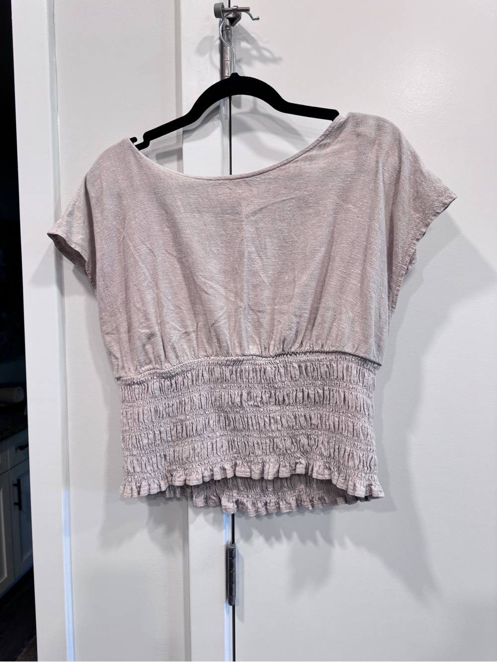 Women's Smocked Waist Short Sleeve Top - Beige
